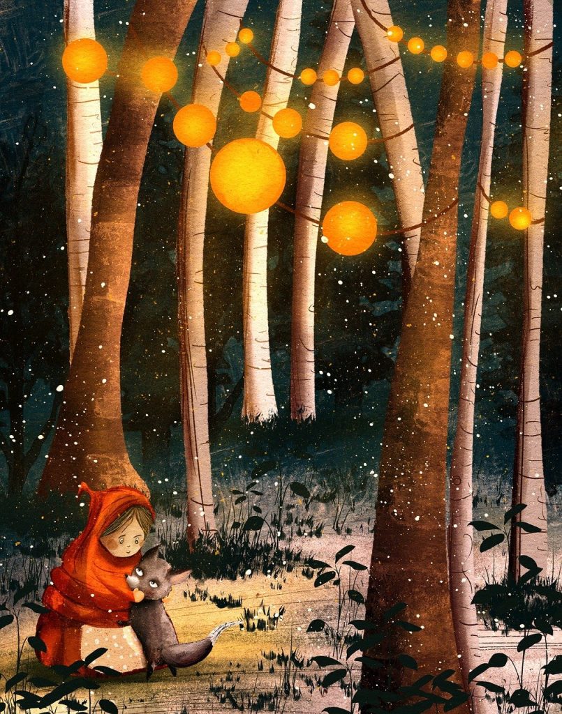 children's book, little red riding hood, wolf, forest, lights, fairy tale, dark, night, cute, nature, drawing